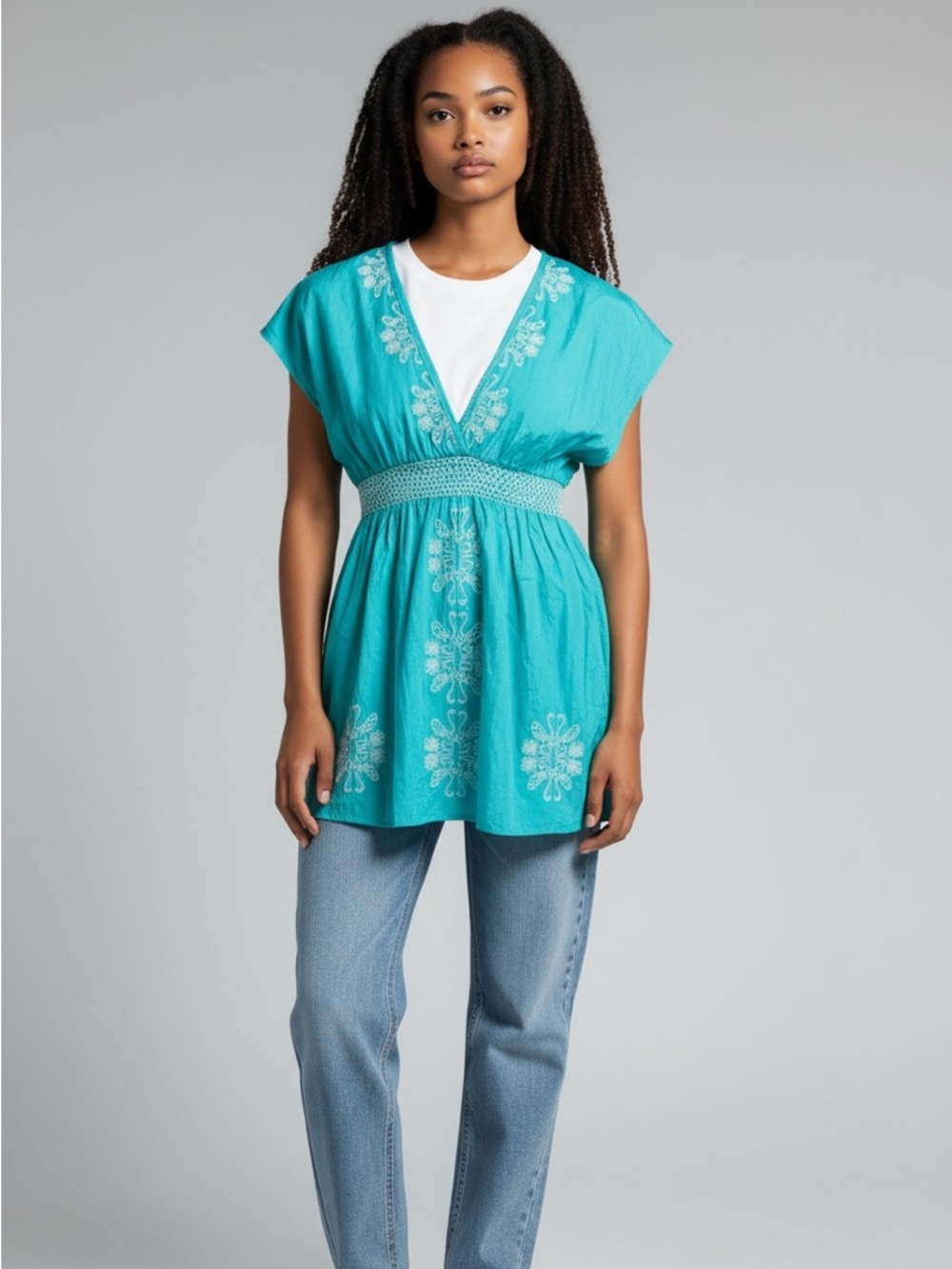 Turquoise Embroidered V-Neck Women’s Top